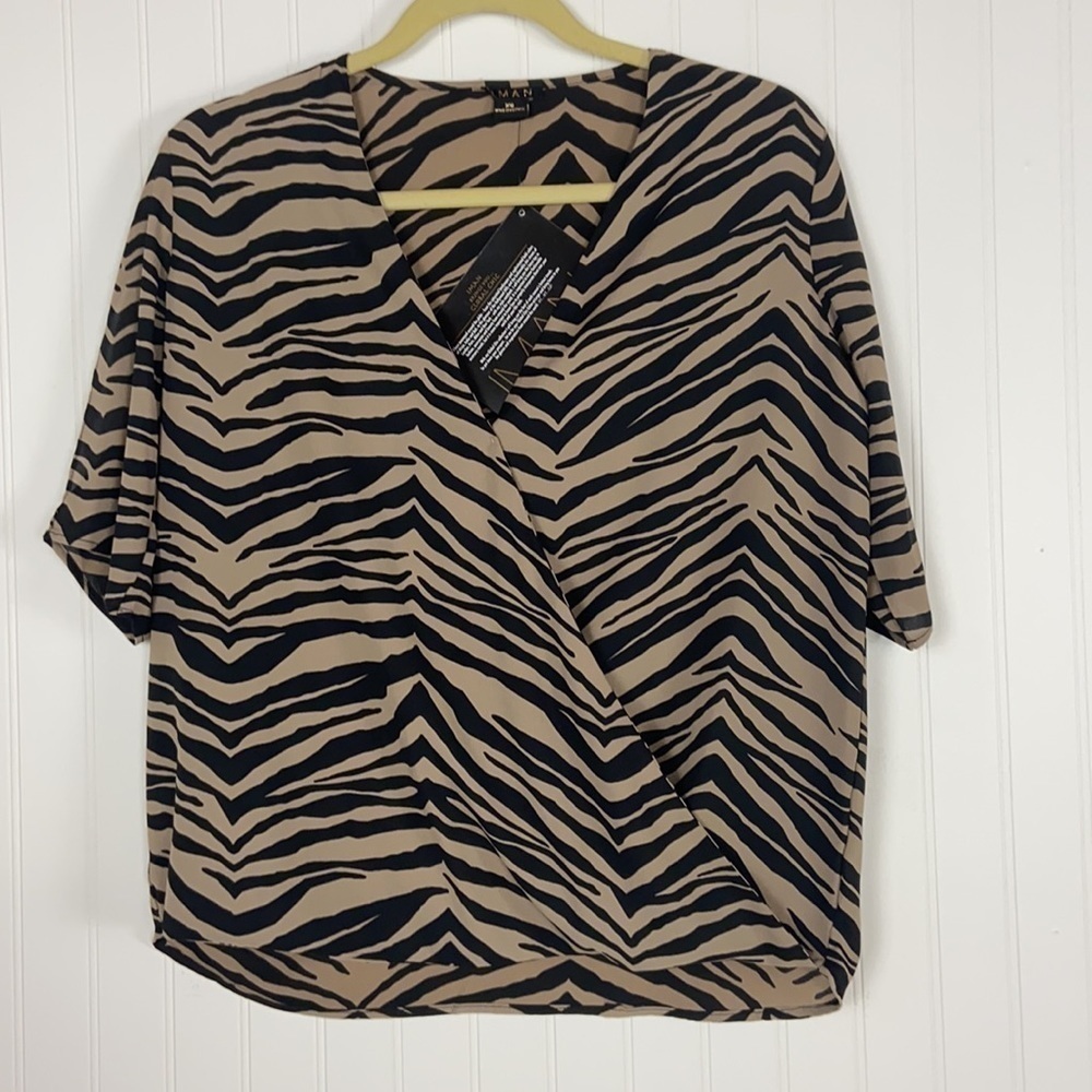 New IMAN Black and Tan 3/4 Sleeve Surplice Neck Wrap Front Blouse
